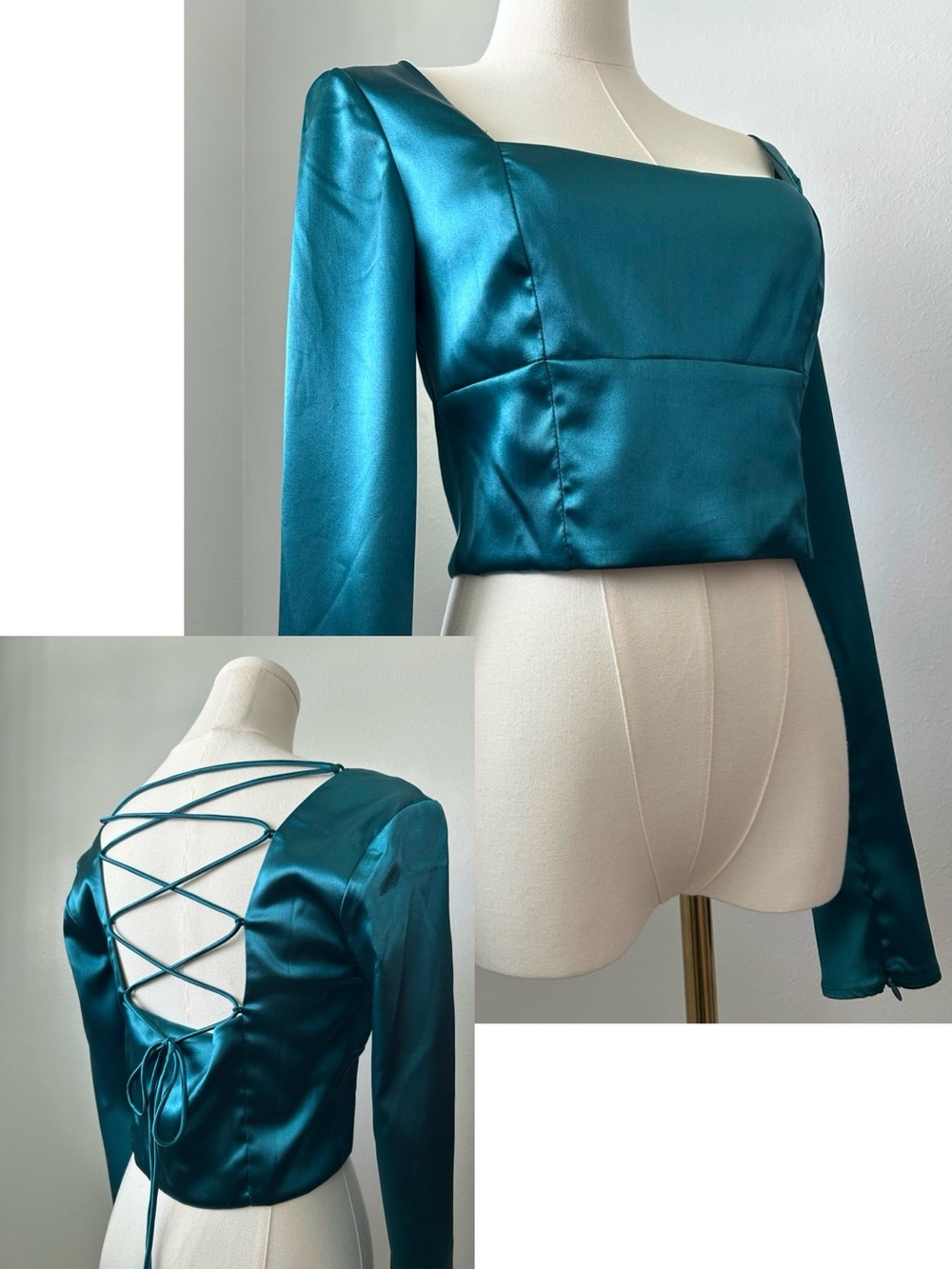 Mustard Seed Romantic Teal Satin Corset Back Long Sleeve Crop Top Womens M
